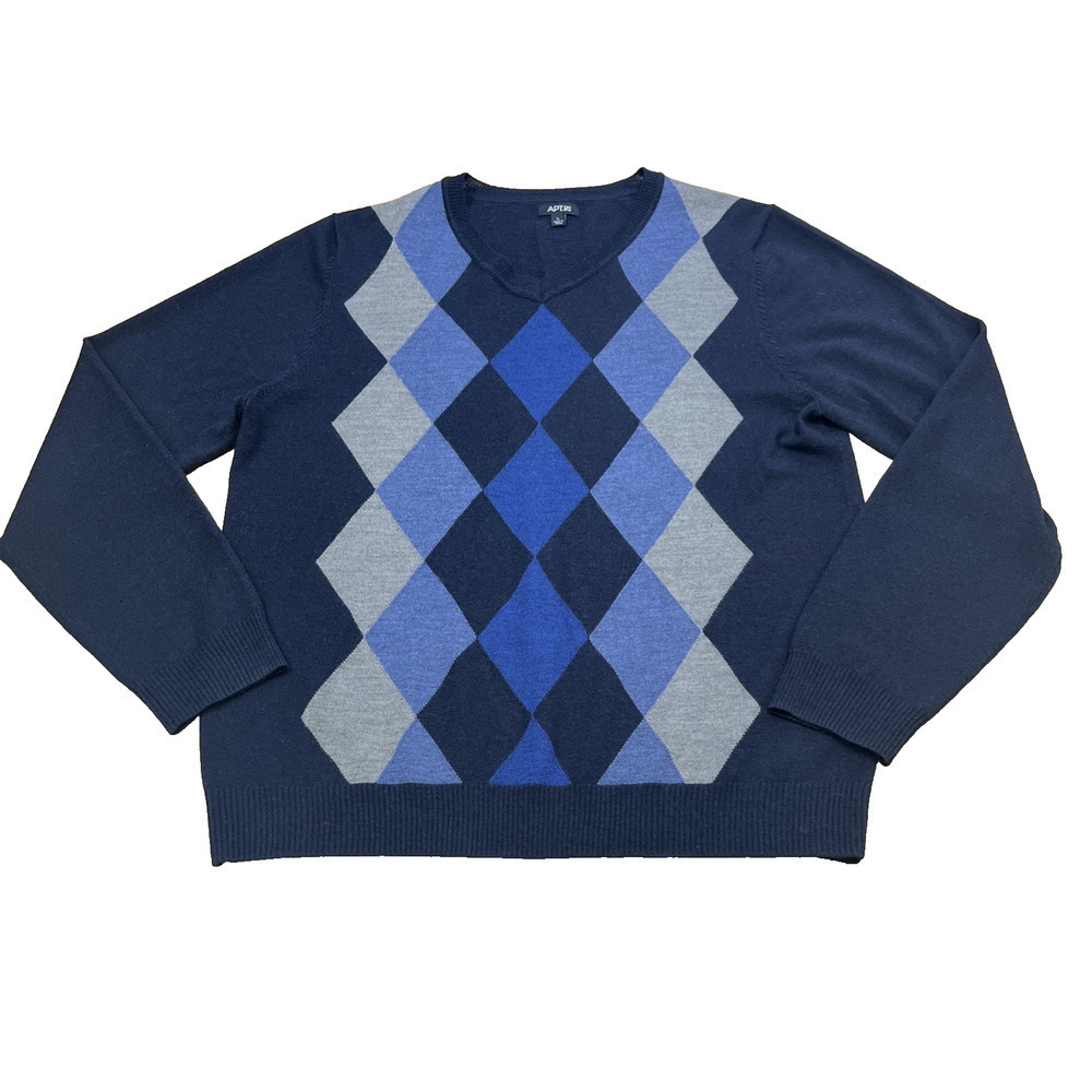 Apt 9 Argyle V-Neck Merino Wool Blend Sweater Black Sz L Preppy Academic Indie